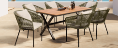 GO 7 Pieces Patio Dining Set, All-Weather Outdoor Furniture Set with Dining Table and Chairs, Acacia Wood Tabletop, Metal Frame, for for Garden, Backy