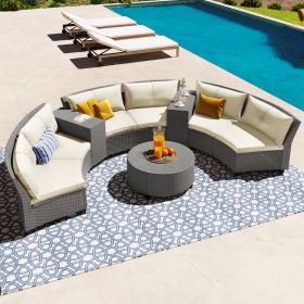 [VIDEO provided]U_Style 6 - Person Fan-shaped Rattan Suit Combination with Cushions and Table,Suitable for Garden