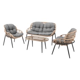 Belize 4-Piece PE Natural Rattan Outdoor Grey Cushions Conversation Set, Large