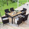 7-Piece Outdoor Patio Dining Set, Garden PE Rattan Wicker Dining Table and Chairs Set, Acacia Wood Tabletop, Stackable Armrest Chairs with Cushions, B