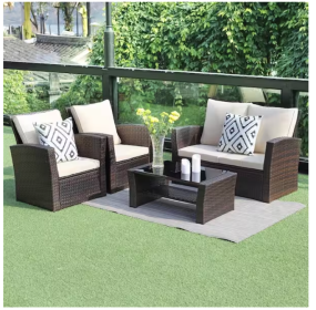 4-Pieces Outdoor Patio Furniture Set PE Rattan Wicker with Brown