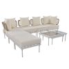 TREXM 8-Piece Patio Sectional Sofa Set with Tempered Glass Coffee Table and Wooden Coffee Table for Outdoor Oasis, Garden, Patio and Poolside (Beige C