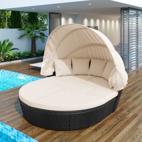 GO Outdoor rattan daybed sunbed with Retractable Canopy Wicker Furniture, Round Outdoor Sectional Sofa Set, black Wicker Furniture Clamshell Seating w