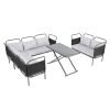 TOPMAX 5-Piece Modern Patio Sectional Sofa Set Outdoor Woven Rope Furniture Set with Glass Table and Cushions, Black+Gray