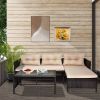 3 Piece Outdoor PE Rattan Furniture Set, Patio Black Wicker Conversation Loveseat Sofa Sectional Couch Khaki Cushion