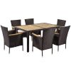 7-Piece Outdoor Patio Dining Set, Garden PE Rattan Wicker Dining Table and Chairs Set, Acacia Wood Tabletop, Stackable Armrest Chairs with Cushions, B