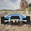 2pcs Arm Chairs 1pc Love Seat & Tempered Glass Coffee Table Rattan Sofa Set Black