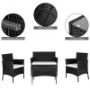 2pcs Arm Chairs 1pc Love Seat & Tempered Glass Coffee Table Rattan Sofa Set Black