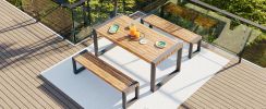 GO 3-pieces Outdoor Dining Table With 2 Benches, Patio Dining Set With Unique Top Texture, Acacia Wood Top & Steel Frame, All Weather Use, For Outdoor