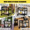 Outdoor Grill Cart Three-Shelf Grill Table, Movable BBQ Trolley Food Prep Cart with Two Wheels & Hooks, Black