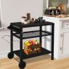 Outdoor Grill Cart Three-Shelf Grill Table, Movable BBQ Trolley Food Prep Cart with Two Wheels & Hooks, Black