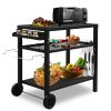 Outdoor Grill Cart Three-Shelf Grill Table, Movable BBQ Trolley Food Prep Cart with Two Wheels & Hooks, Black