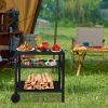 Outdoor Grill Cart Three-Shelf Grill Table, Movable BBQ Trolley Food Prep Cart with Two Wheels & Hooks, Black