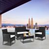 2pcs Arm Chairs 1pc Love Seat & Tempered Glass Coffee Table Rattan Sofa Set Black