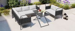 TOPMAX 5-Piece Modern Patio Sectional Sofa Set Outdoor Woven Rope Furniture Set with Glass Table and Cushions, Black+Gray