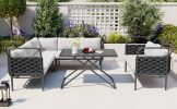 TOPMAX 5-Piece Modern Patio Sectional Sofa Set Outdoor Woven Rope Furniture Set with Glass Table and Cushions, Black+Gray