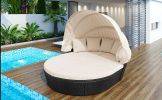 GO Outdoor rattan daybed sunbed with Retractable Canopy Wicker Furniture, Round Outdoor Sectional Sofa Set, black Wicker Furniture Clamshell Seating w