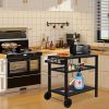 Outdoor Grill Cart Three-Shelf Grill Table, Movable BBQ Trolley Food Prep Cart with Two Wheels & Hooks, Black