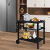 Outdoor Grill Cart Three-Shelf Grill Table, Movable BBQ Trolley Food Prep Cart with Two Wheels & Hooks, Black