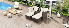 2-Seater Outdoor Patio Daybed Outdoor Double Daybed Outdoor Loveseat Sofa Set with Foldable Awning and Cushions for Garden, Balcony, Poolside, Beige