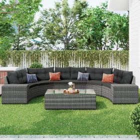 8-pieces Outdoor Wicker Round Sofa Set, Half-Moon Sectional Sets All Weather, Curved Sofa Set With Rectangular Coffee Table, PE Rattan Water-resistant (Color: Gray)