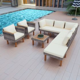 GO 9-Piece Patio Rattan Furniture Set, Outdoor Conversation Set With Acacia Wood Legs and Tabletop, PE Rattan Sectional Sofa Set with Coffee Table, Wa (Color: as Pic)