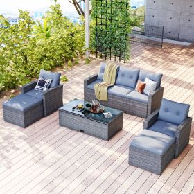 GO 6-piece All-Weather Wicker PE rattan Patio Outdoor Dining Conversation Sectional Set with coffee table, wicker sofas, ottomans, removable cushions (Color: as Pic)