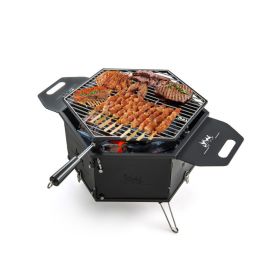 Portable Charcoal Grill Stove Rotatable with Foldable Body and Legs with Handles (Color: Black)