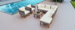 GO 9-Piece Patio Rattan Furniture Set, Outdoor Conversation Set With Acacia Wood Legs and Tabletop, PE Rattan Sectional Sofa Set with Coffee Table, Wa