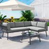 TOPMAX Modern Outdoor 3-Piece PE Rattan Sofa Set All Weather Patio Metal Sectional Furniture Set with Cushions and Glass Table for Backyard, Poolside,