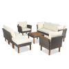 GO 9-Piece Patio Rattan Furniture Set, Outdoor Conversation Set With Acacia Wood Legs and Tabletop, PE Rattan Sectional Sofa Set with Coffee Table, Wa