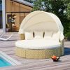 TOPMAX Patio Furniture Round Outdoor Sectional Sofa Set Rattan Daybed Two-Tone Weave Sunbed with Retractable Canopy, Separate Seating and Removable Cu